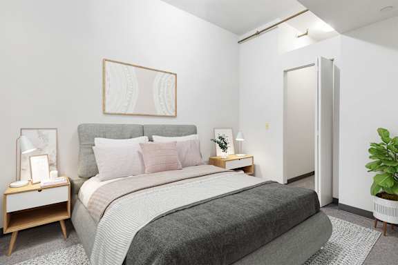 a bedroom with a bed and a closet