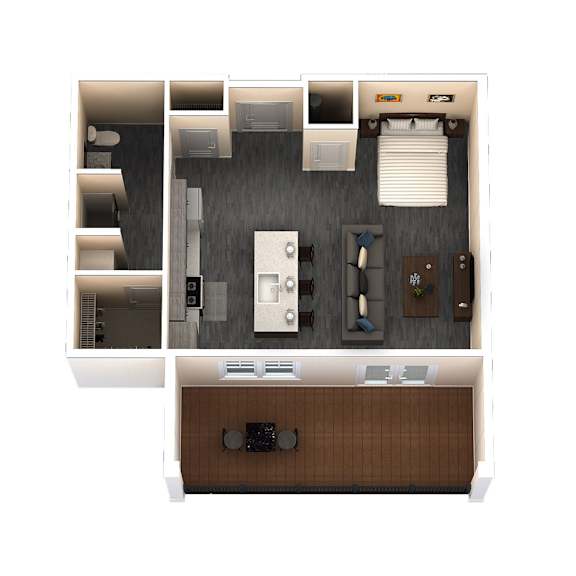 A top down view of a small apartment with a kitchen, living room, and bedroom.