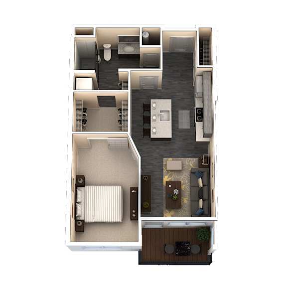 Floor Plan  A floor plan of a small apartment with a kitchen, living room, and bathroom.