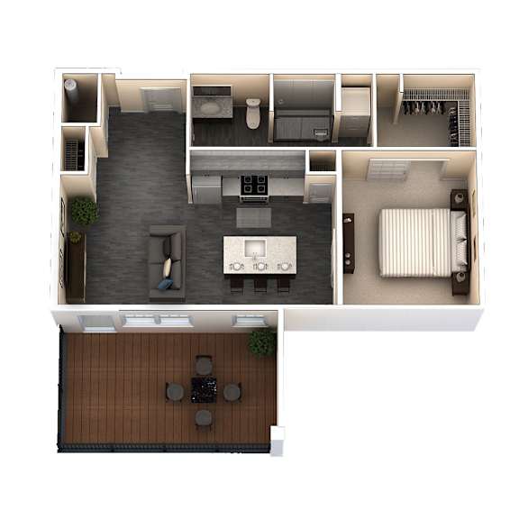 A top-down view of a small apartment with a kitchen, living room, and bathroom.