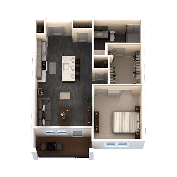 Floor Plan  A floor plan of a small apartment with a kitchen, living room, and bedroom.