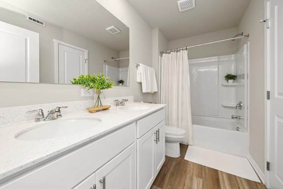 A white bathroom with a plant on the counter.