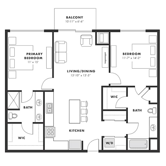 a floor plan of a bedroom apartment with an open floor plan