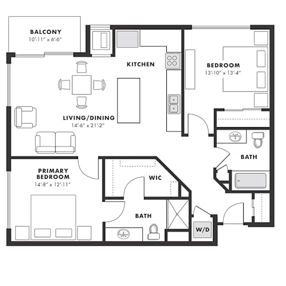 a floor plan of a bedroom apartment with an open floor plan