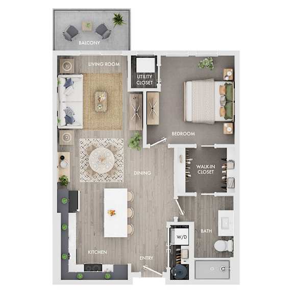 A floor plan of a house showing a living room, kitchen, dining room, and bedrooms.