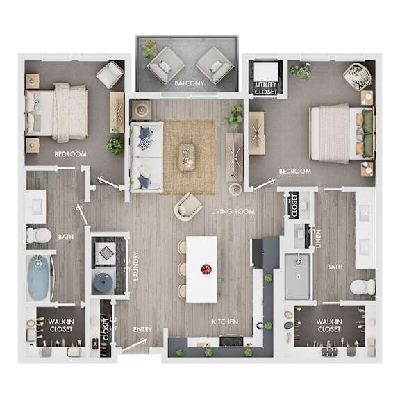 Floor Plan  A floor plan of a house showing a living room, kitchen, two bedrooms, a bathroom, and a laundry area.