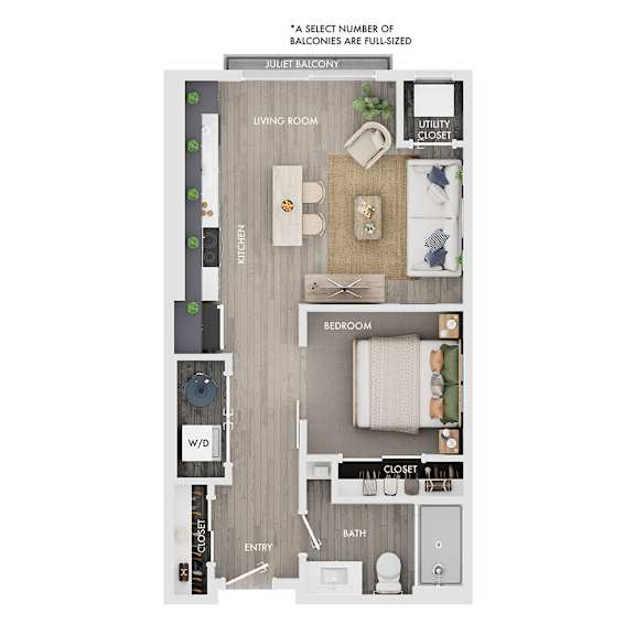 Floor Plan  A floor plan of a Juliet balcony apartment with a kitchen, living room, bedroom, bathroom, and closet.