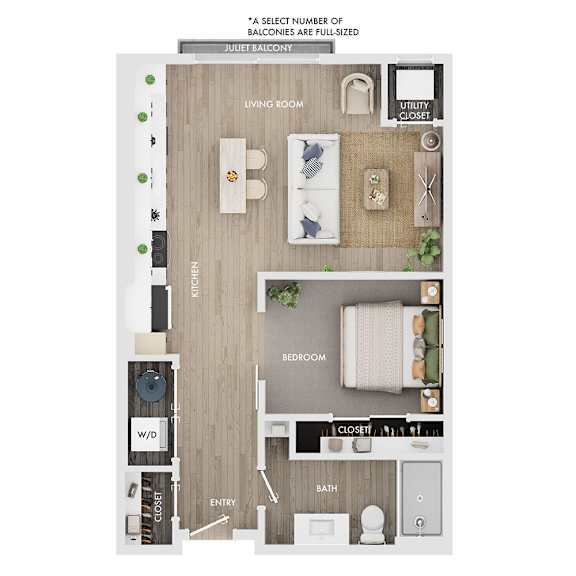 Floor Plan  A floor plan of a Juliet balcony apartment with a living room, bedroom, bathroom, and closet.