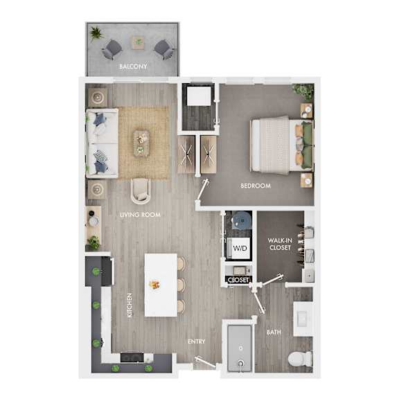 Floor Plan  A floor plan of a small apartment with a living room, kitchen, bedroom, and bathroom.