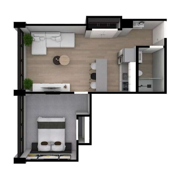 the interior of a small apartment with a bedroom and a bathroom