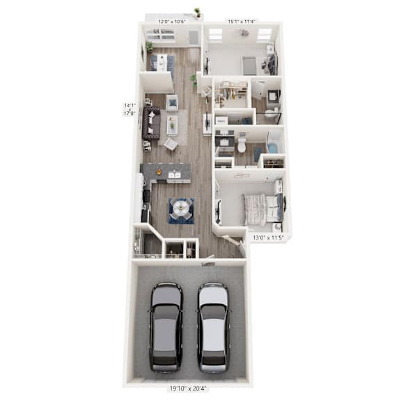 A floor plan of a two-story home with a garage for two cars.