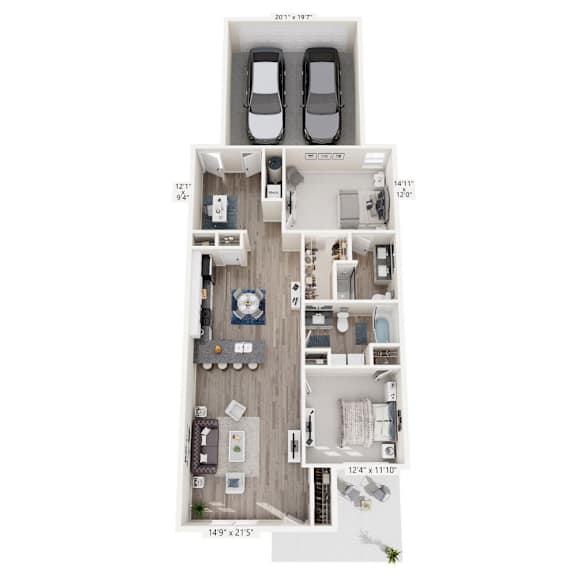 A floor plan of a two-bedroom apartment with a garage for one car.