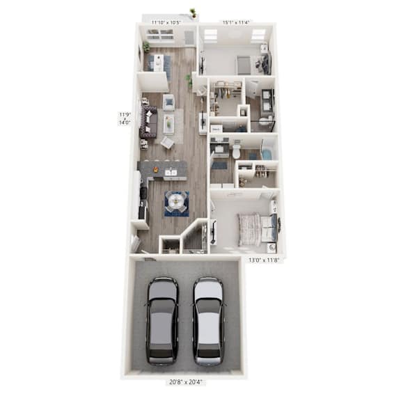 A floor plan of a two-story home with a garage for two cars.
