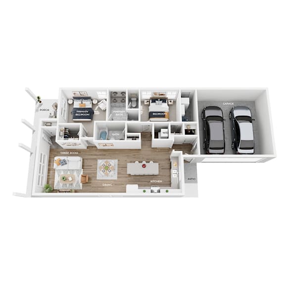 A floor plan of a house with a garage, kitchen, and living room.