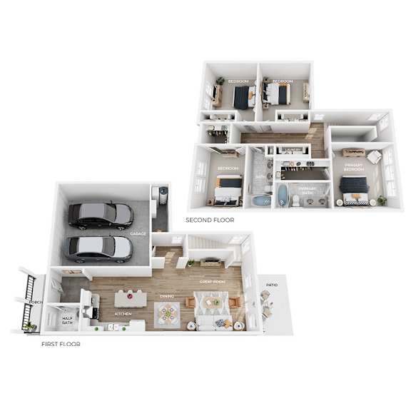 A diagram of a house showing the layout of the first, second, and third floors.