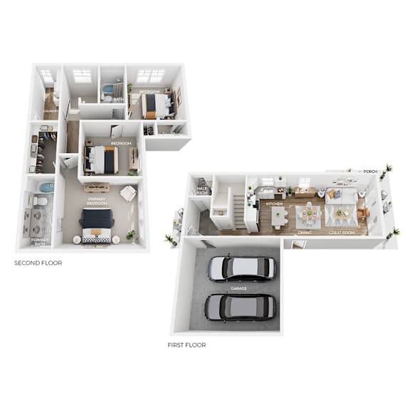 A floor plan of a house with two bedrooms, a garage, and a porch.