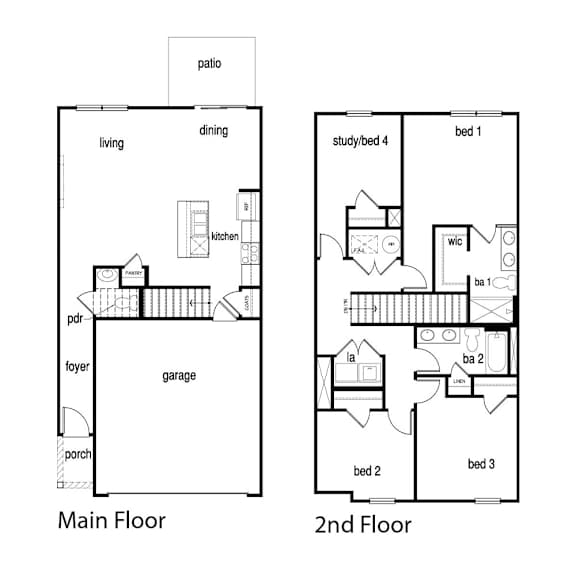 A floor plan of a two story house with a garage and a study.