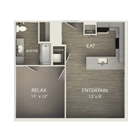 A floor plan of a small apartment with a bathroom, laundry, eat, relax, and entertain sections.
