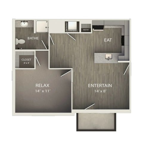 A floor plan of a room with a bathroom, eat area, relax area and an entertainment area.