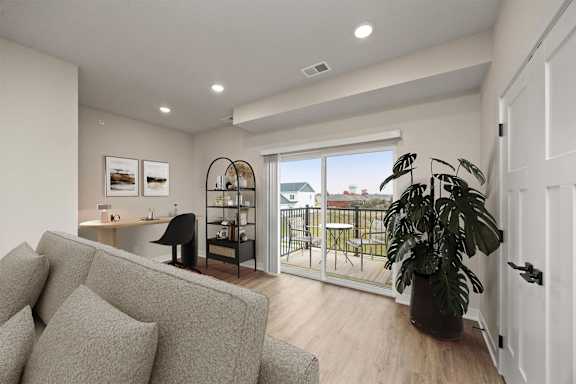 A living room with a grey couch and a large potted plant.
