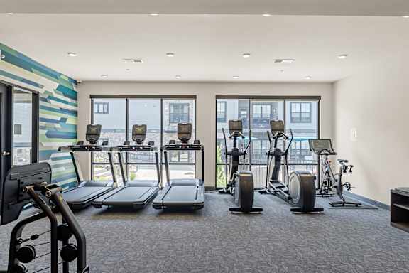 A gym with treadmills, exercise bikes, and other equipment.