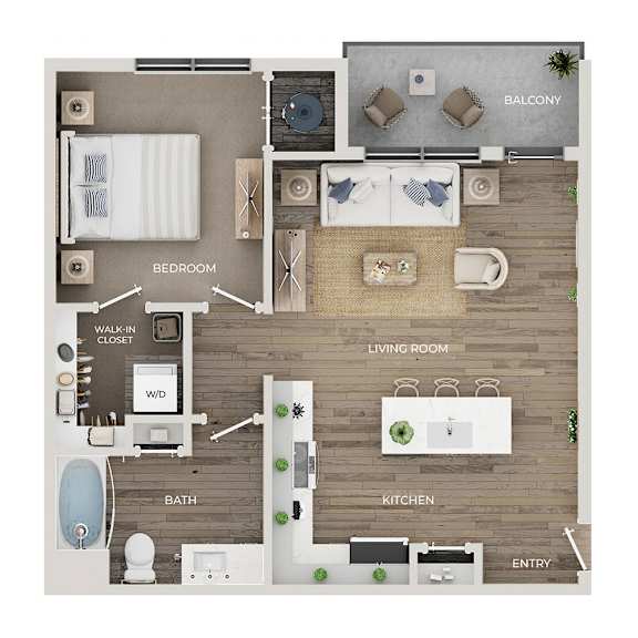 A floor plan of a house showing a bedroom, living room, kitchen, bathroom, and balcony.