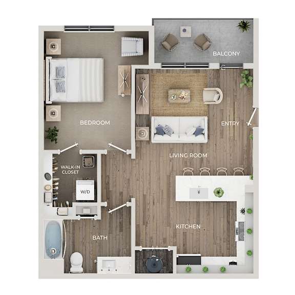 A floor plan of a house with a balcony, bedroom, living room, kitchen, and bathroom.