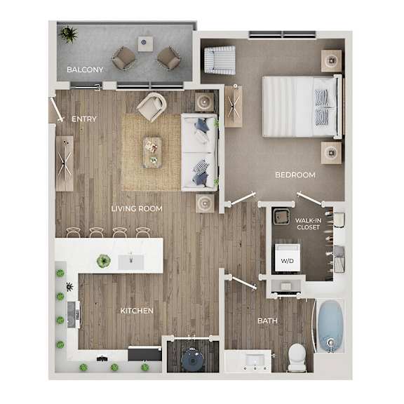 A floor plan of a house with a balcony, living room, kitchen, bathroom, bedroom, and walk-in closet.