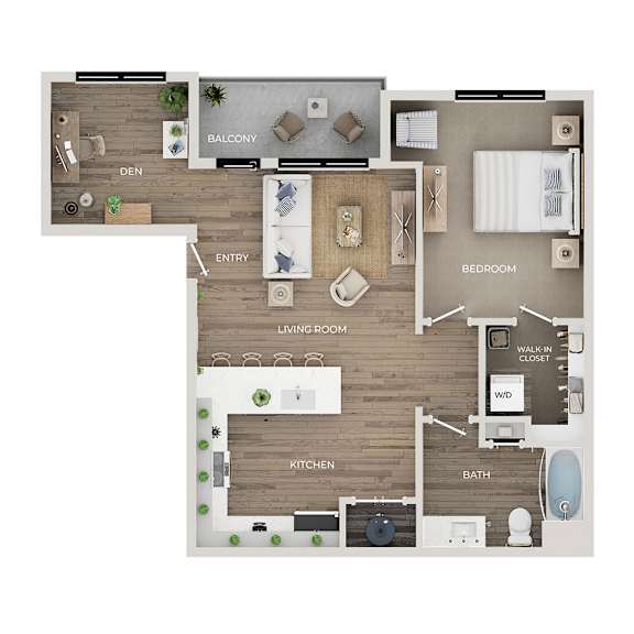 A floor plan of a house with a balcony, living room, kitchen, bathroom, and bedrooms.