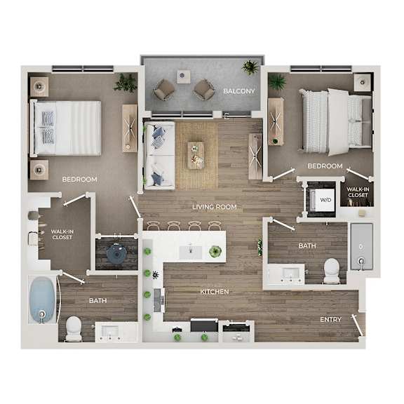 A floor plan of a house with a balcony, two bedrooms, a living room, a kitchen, a bathroom, and an entry.