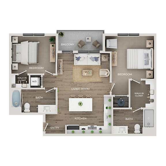 A floor plan of a home showing a living room, two bedrooms, a kitchen, a bathroom, and a balcony.