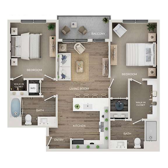 A floor plan of a house with two bedrooms, a living room, a kitchen, a bathroom, and a balcony.