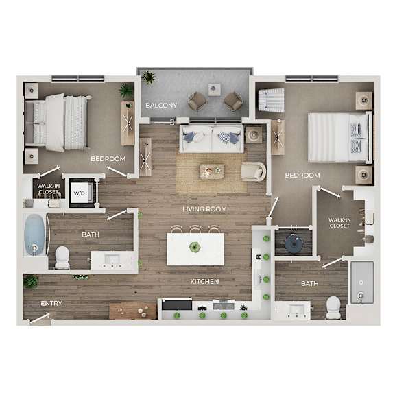 A floor plan of a house with labeled rooms such as Bath, Kitchen, Living Room, Bedroom, Balcony, and Entry.