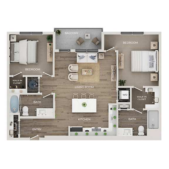 A floor plan of a home showing a living room, kitchen, and three bedrooms.