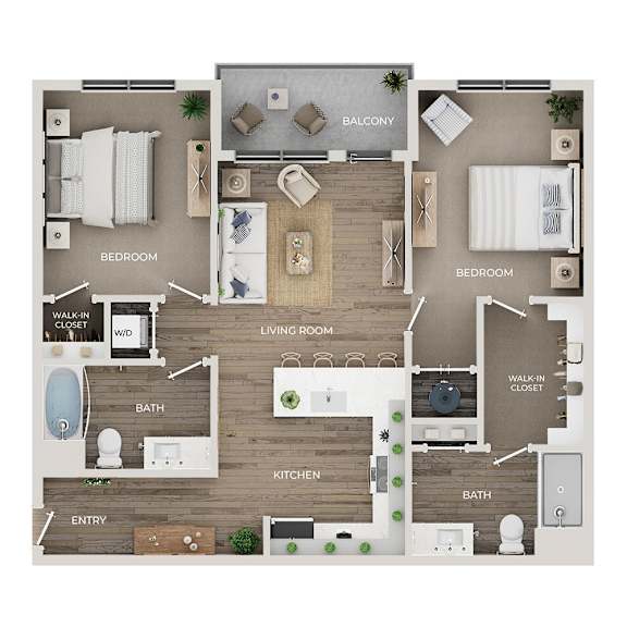 A floor plan of a house with a balcony, two bedrooms, a living room, a kitchen, two bathrooms, and an entry.