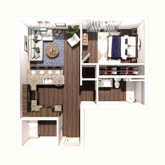 Floor Plan  A floor plan of a small apartment with a kitchen, living room, and bathroom.