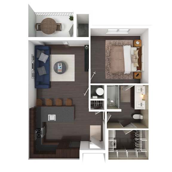 Floor Plan  A top-down view of a room with a bed, a couch, a table, and a TV.