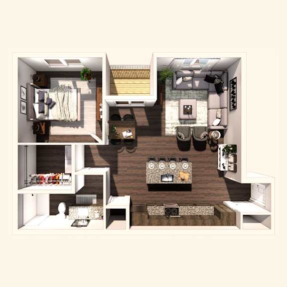 Floor Plan  A 3D floor plan of a small apartment with a kitchen, living room, and bathroom.
