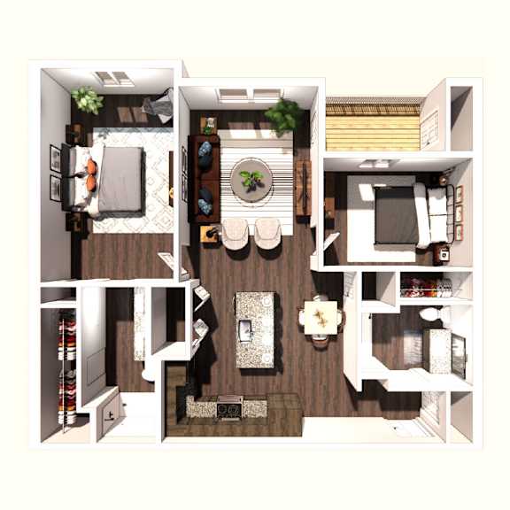 Floor Plan  A top down view of a small apartment with a kitchen, living room, and bathroom.
