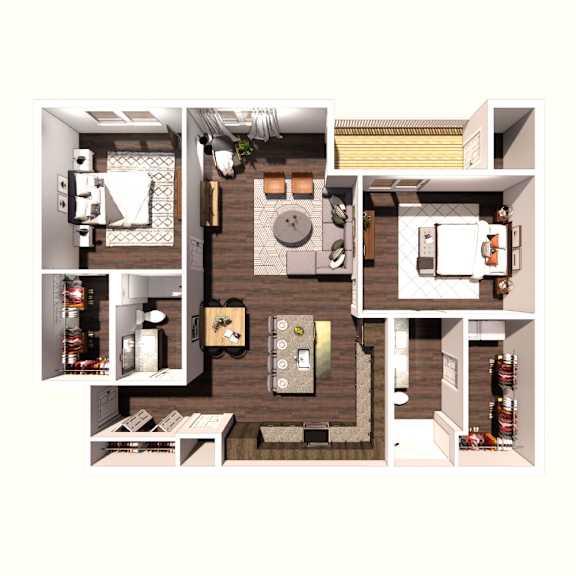 Floor Plan  A floor plan of a small apartment with a kitchen, living room, and bathroom.