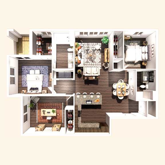 Floor Plan  A 3D floor plan of a house with a kitchen, living room, and dining area.