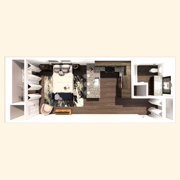 Floor Plan  A small, neatly organized bedroom with a bed, nightstand, and a small desk.