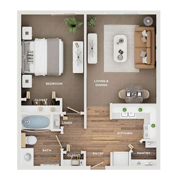 A floor plan of a house showing a bedroom, living and dining area, kitchen, bathroom, and pantry.