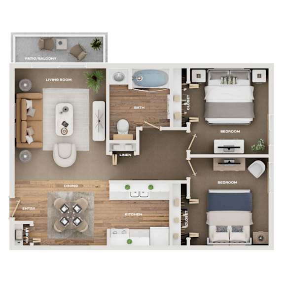 A floor plan of a house showing a living room, dining room, kitchen, and three bedrooms.