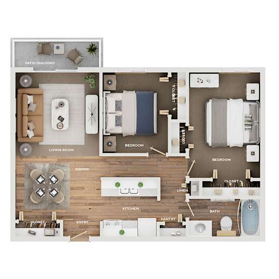 A floor plan of a house showing a living room, dining room, kitchen, two bedrooms, a bathroom, and a patio/balcony.