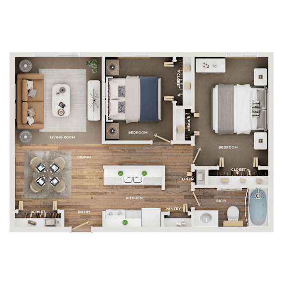A floor plan of a house showing the layout of the living room, dining room, kitchen, and bedrooms.