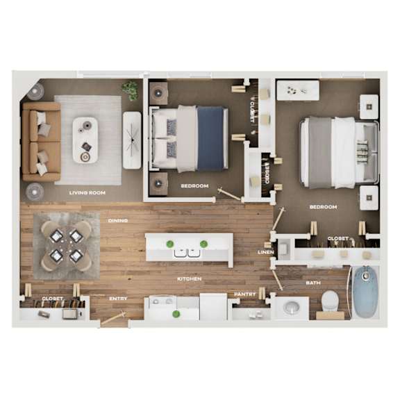 A floor plan of a small apartment with two bedrooms, a living room, a kitchen, a bathroom, a dining area, and a pantry.