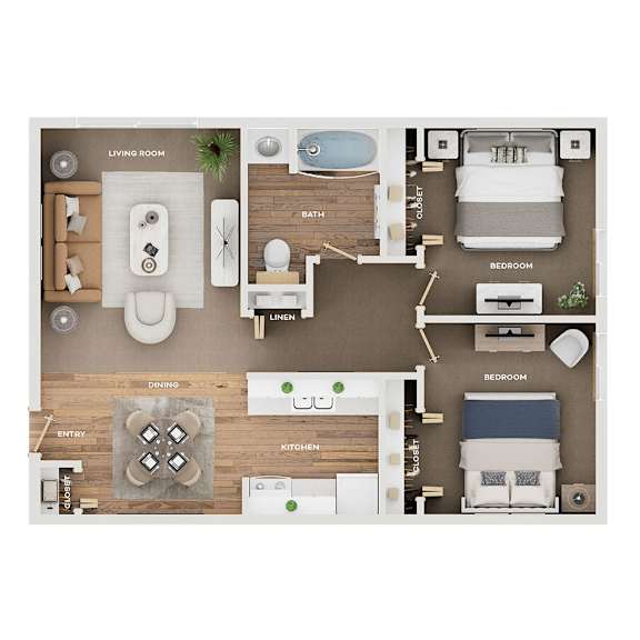 A floor plan of a home showing a living room, dining area, kitchen, and two bedrooms.