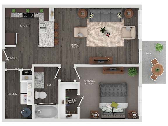A floor plan of a small apartment with a living room, kitchen, and bedroom.