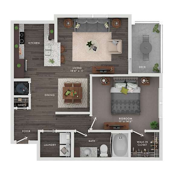 A floor plan of a small apartment with a living room, kitchen, dining room, bedroom, bathroom, and laundry area.